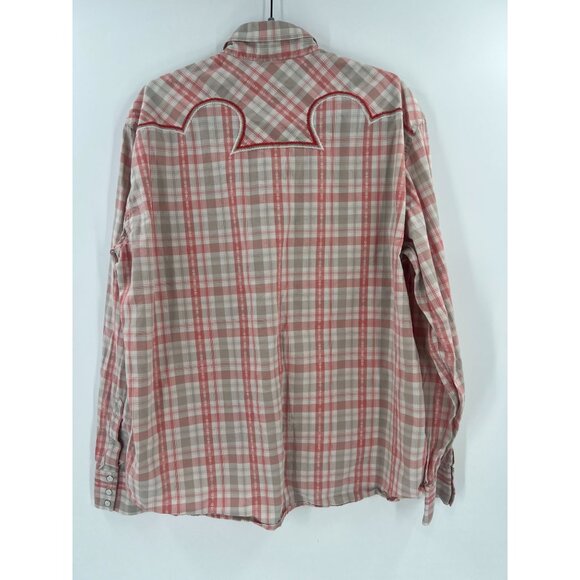 Lucky Brand XL Pearl Snap Long Sleeve Plaid Shirt Red Beige Tan Cowboy Rodeo - Picture 2 of 14